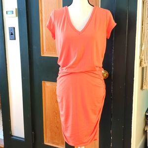 Athleta Coral Ruched V neck Dress Sz Medium